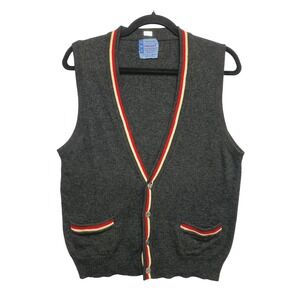 Vintage Penneys Towncraft Sweater Vest Mens M Gray Lambswool Made in Japan